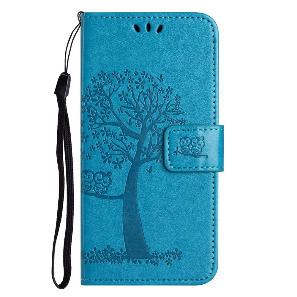 For Samsung Galaxy A15 5G Case Owl Tree Imprinted Leather Flip Phone Cover with Wallet - Blue - 5