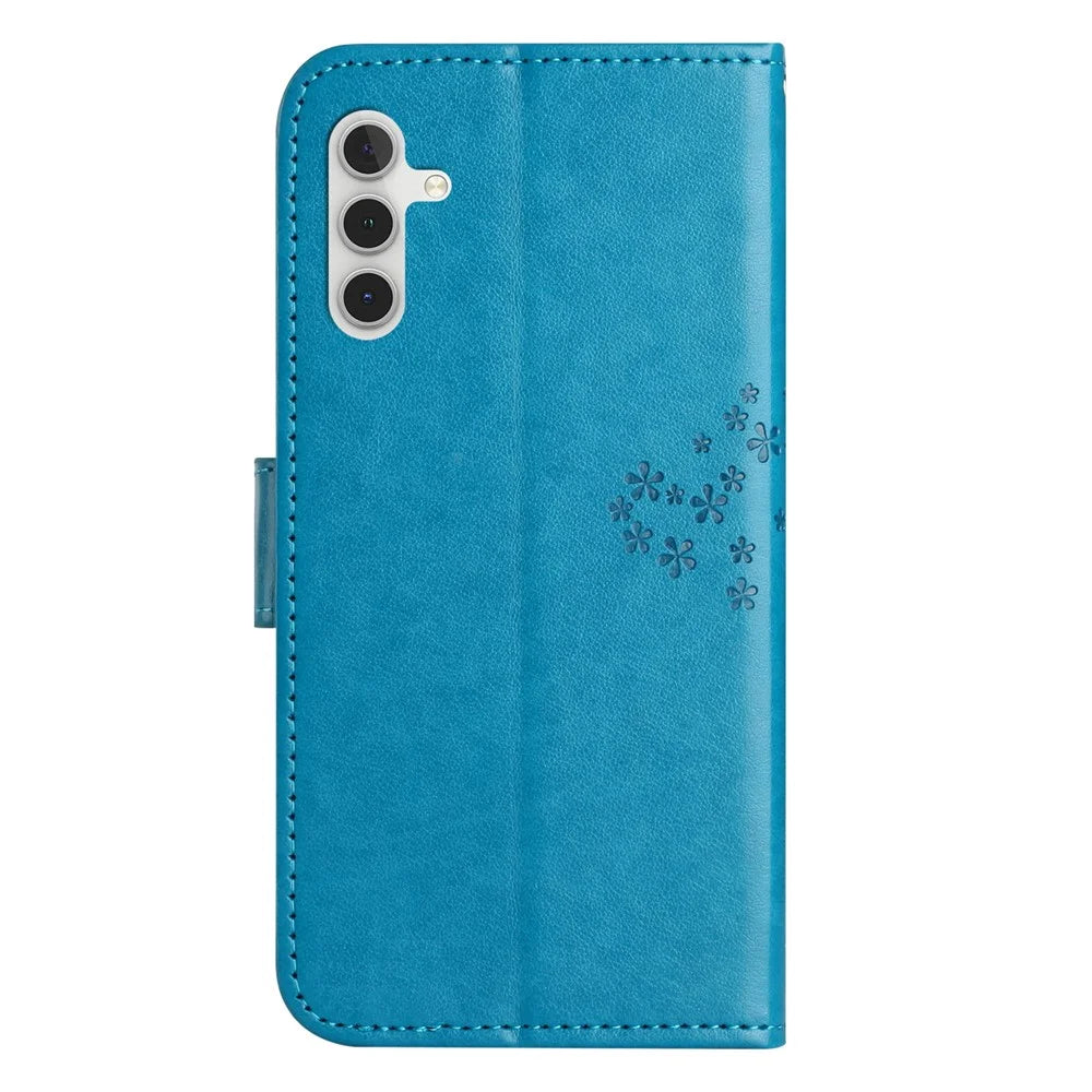 For Samsung Galaxy A15 5G Case Owl Tree Imprinted Leather Flip Phone Cover with Wallet - Blue - 6