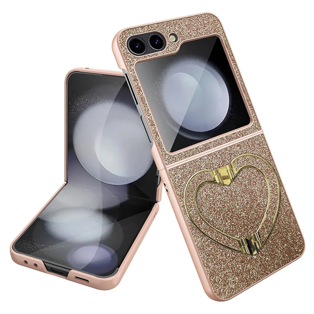 For Samsung Galaxy Z Flip5 5G Case Heart-Shape Kickstand Glitter PU Leather+PC Phone Cover - Gold - 1