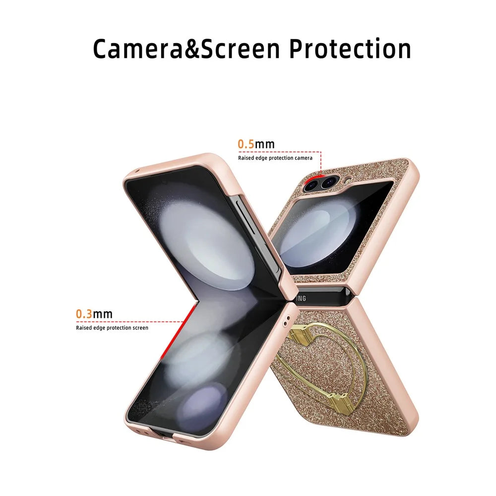 For Samsung Galaxy Z Flip5 5G Case Heart-Shape Kickstand Glitter PU Leather+PC Phone Cover - Gold - 2