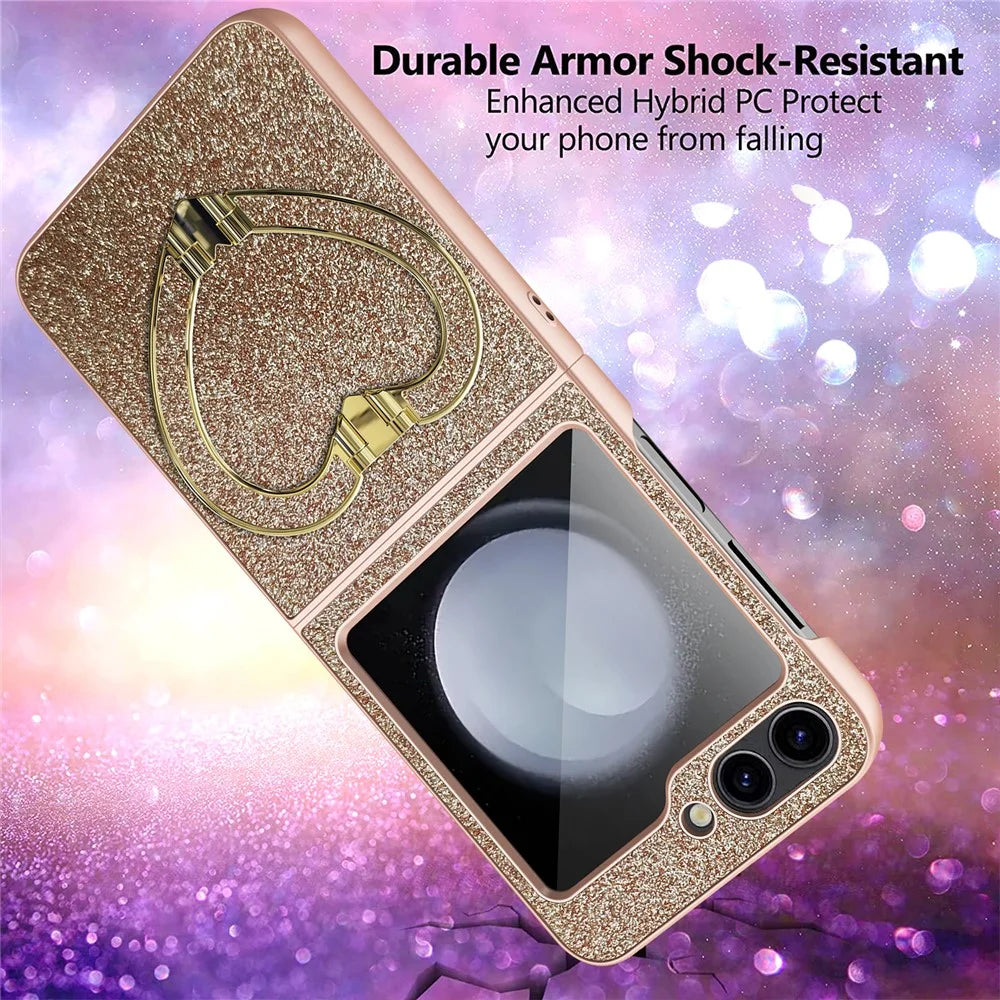For Samsung Galaxy Z Flip5 5G Case Heart-Shape Kickstand Glitter PU Leather+PC Phone Cover - Gold - 3