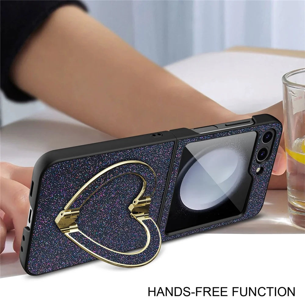For Samsung Galaxy Z Flip5 5G Case Heart-Shape Kickstand Glitter PU Leather+PC Phone Cover - Gold - 6