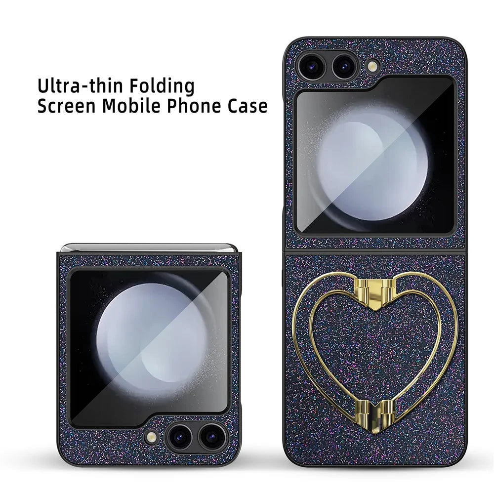 For Samsung Galaxy Z Flip5 5G Case Heart-Shape Kickstand Glitter PU Leather+PC Phone Cover - Gold - 7