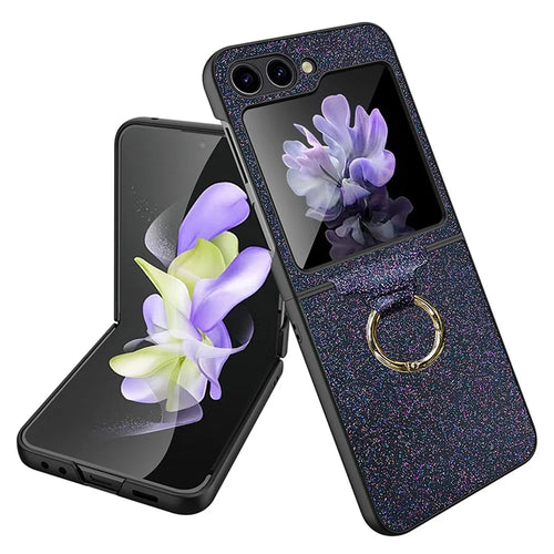 For Samsung Galaxy Z Flip5 5G Case Glitter Finger Ring Phone Cover with Tempered Glass Rear Screen Film - Black - 1