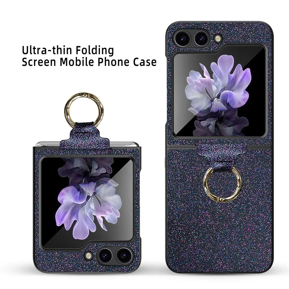For Samsung Galaxy Z Flip5 5G Case Glitter Finger Ring Phone Cover with Tempered Glass Rear Screen Film - Black - 2