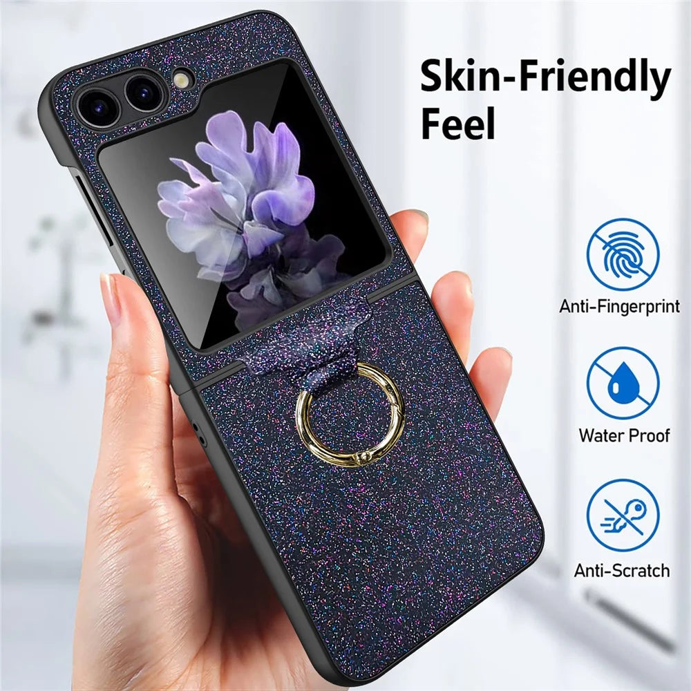 For Samsung Galaxy Z Flip5 5G Case Glitter Finger Ring Phone Cover with Tempered Glass Rear Screen Film - Black - 3