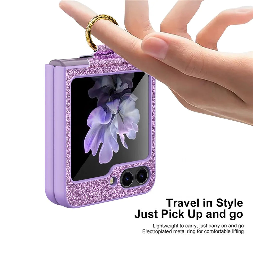 For Samsung Galaxy Z Flip5 5G Case Glitter Finger Ring Phone Cover with Tempered Glass Rear Screen Film - Black - 4