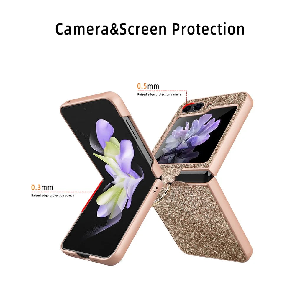 For Samsung Galaxy Z Flip5 5G Case Glitter Finger Ring Phone Cover with Tempered Glass Rear Screen Film - Black - 5