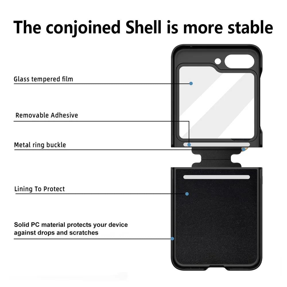 For Samsung Galaxy Z Flip5 5G Case Glitter Finger Ring Phone Cover with Tempered Glass Rear Screen Film - Black - 6