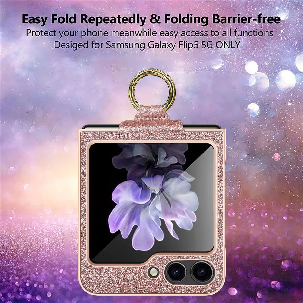 For Samsung Galaxy Z Flip5 5G Case Glitter Finger Ring Phone Cover with Tempered Glass Rear Screen Film - Black - 7