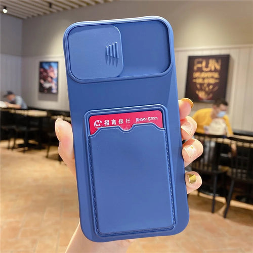 For iPhone 15 Pro Max TPU Case Card Holder Sliding Lens Protection Phone Cover - Blue - 1