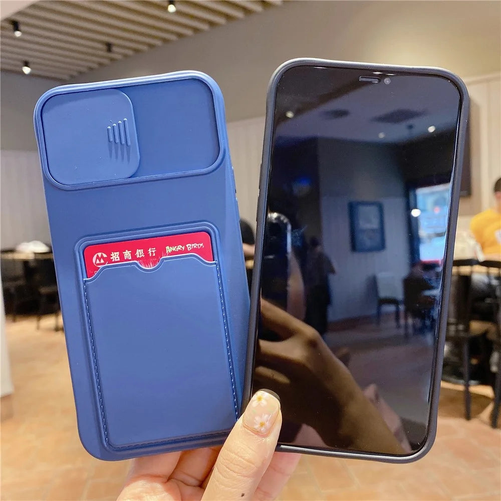 For iPhone 15 Pro Max TPU Case Card Holder Sliding Lens Protection Phone Cover - Blue - 2