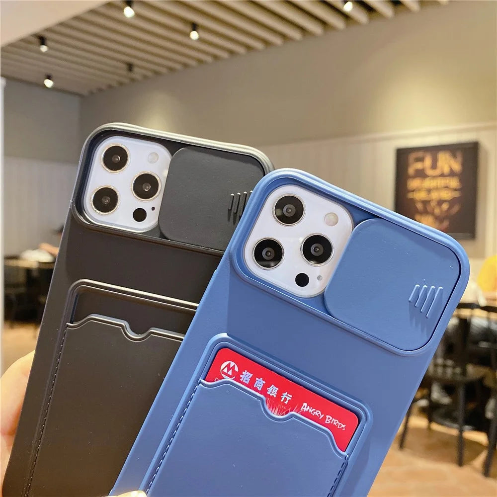 For iPhone 15 Pro Max TPU Case Card Holder Sliding Lens Protection Phone Cover - Blue - 3