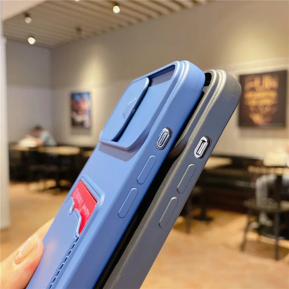 For iPhone 15 Pro Max TPU Case Card Holder Sliding Lens Protection Phone Cover - Blue - 4