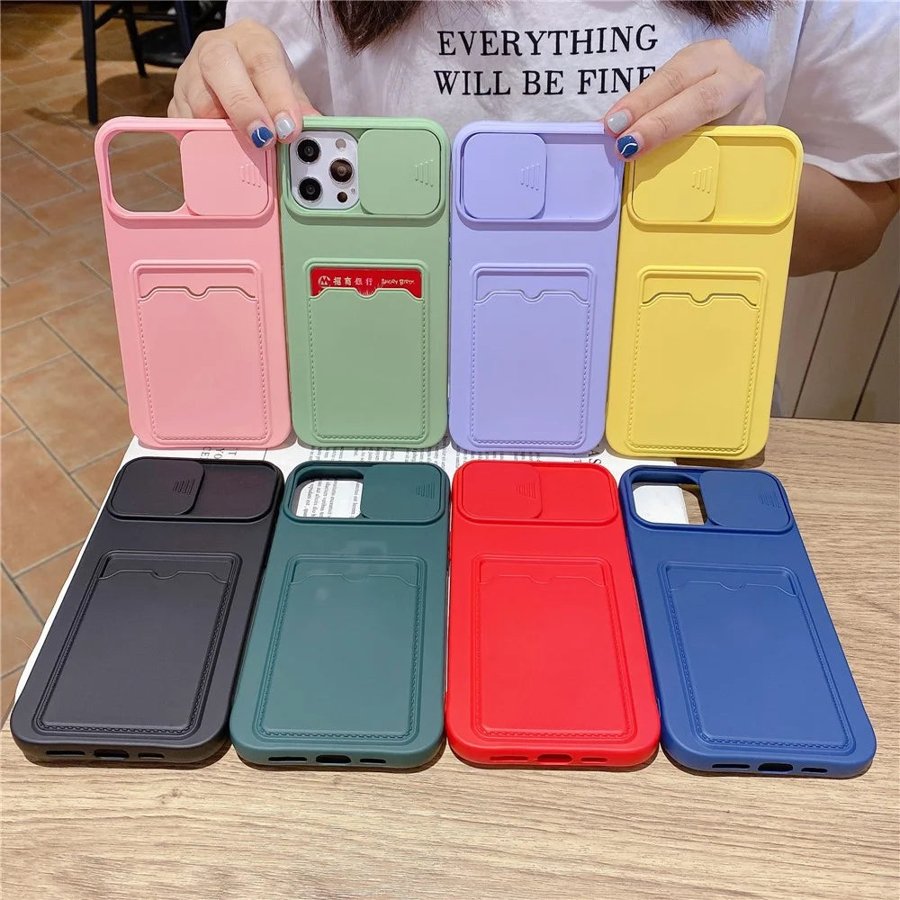 For iPhone 15 Pro Max TPU Case Card Holder Sliding Lens Protection Phone Cover - Blue - 6
