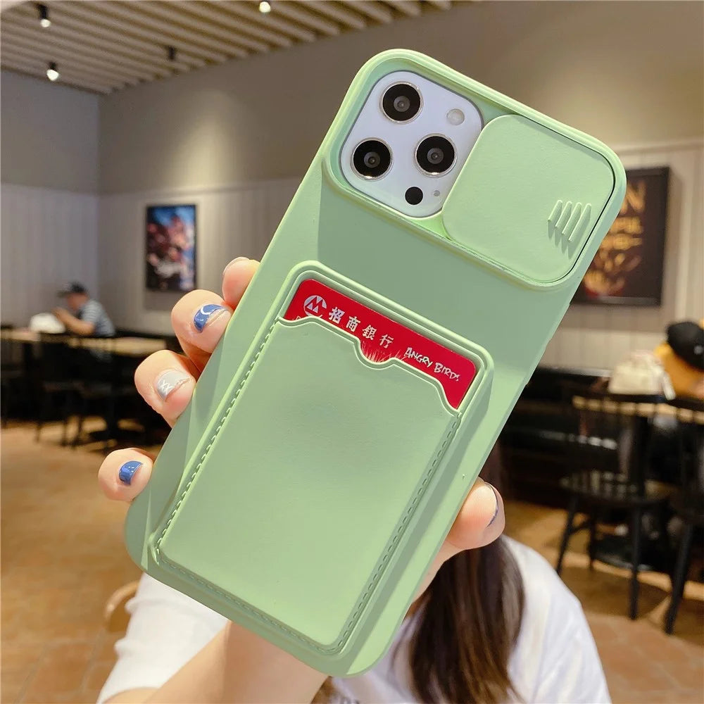 For iPhone 15 Pro Case Card Holder TPU Phone Cover with Sliding Lens Lid - Green - 1