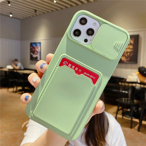 For iPhone 15 Pro Case Card Holder TPU Phone Cover with Sliding Lens Lid - Green - 1