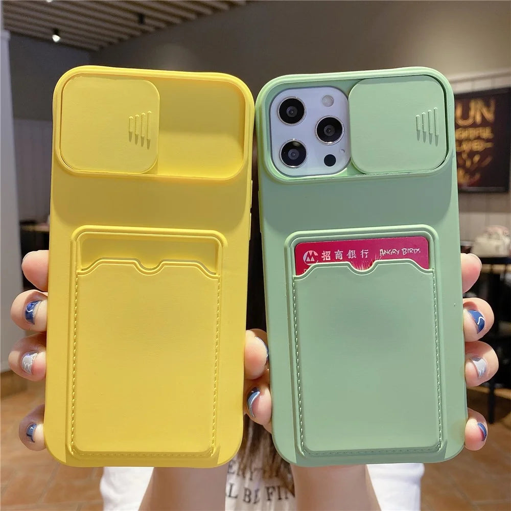 For iPhone 15 Pro Case Card Holder TPU Phone Cover with Sliding Lens Lid - Green - 2