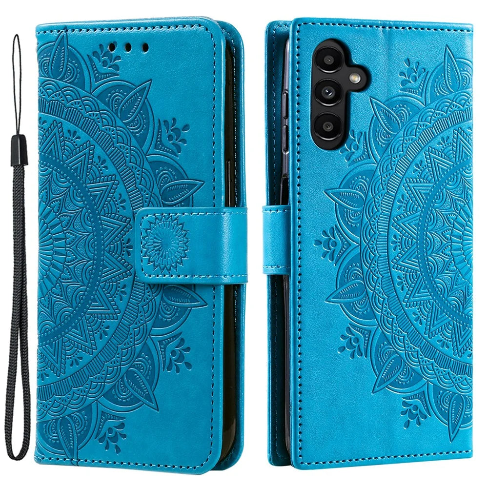 For Samsung Galaxy A05s 4G Case Leather Wallet Mandala Flower Imprint Phone Cover - Blue - 1