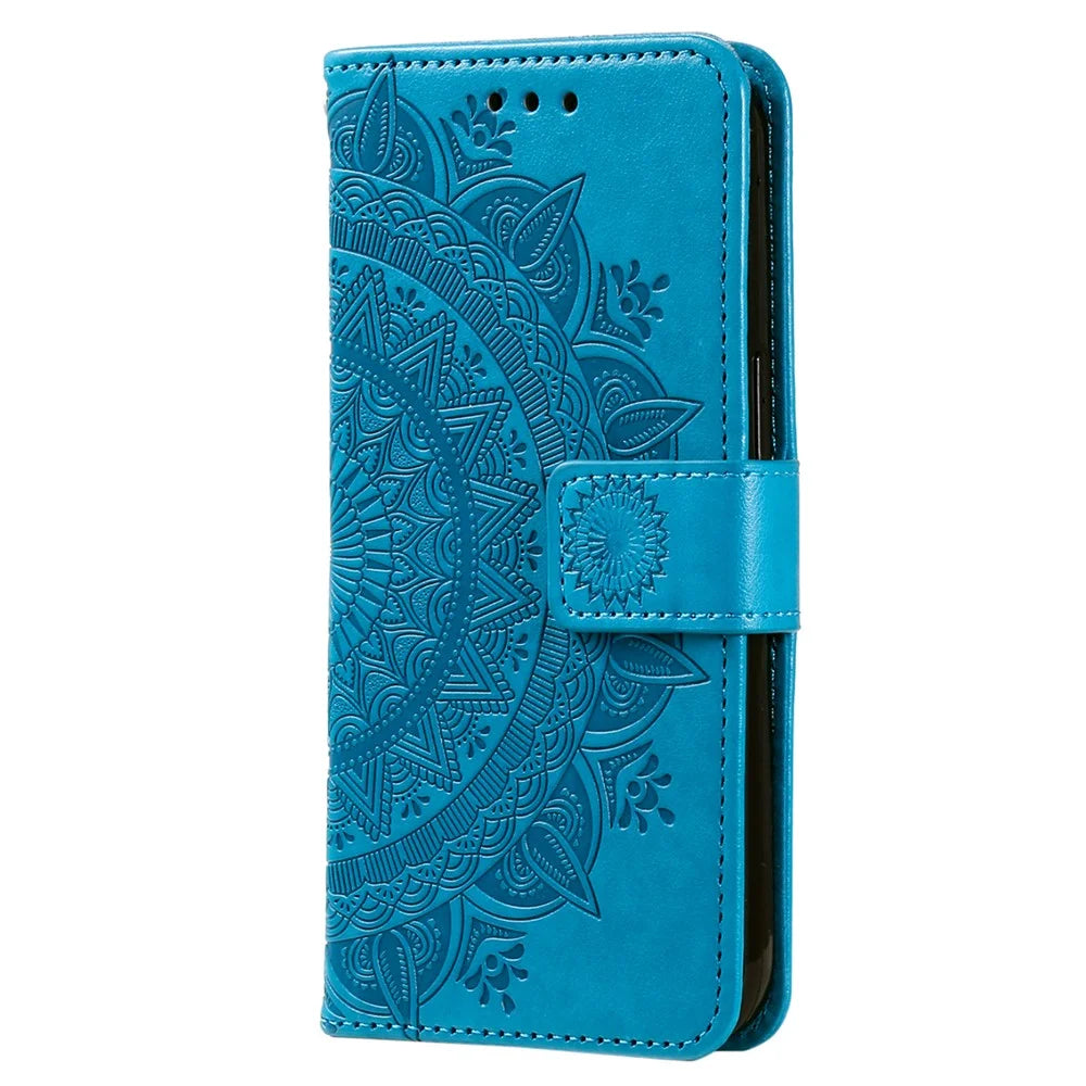 For Samsung Galaxy A05s 4G Case Leather Wallet Mandala Flower Imprint Phone Cover - Blue - 5