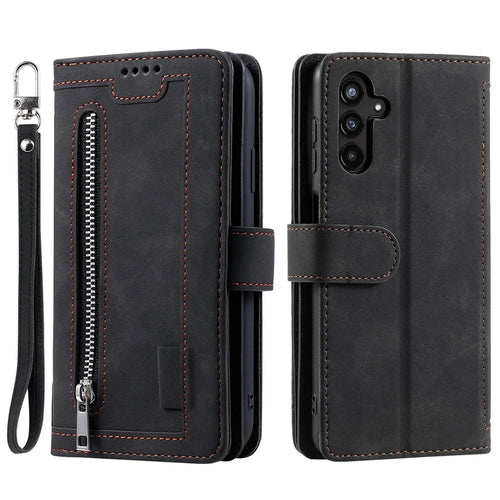 For Samsung Galaxy A05s 4G Cell Phone Case 9 Card Slots Phone Cover Zipper Leather Wallet - Black - 1