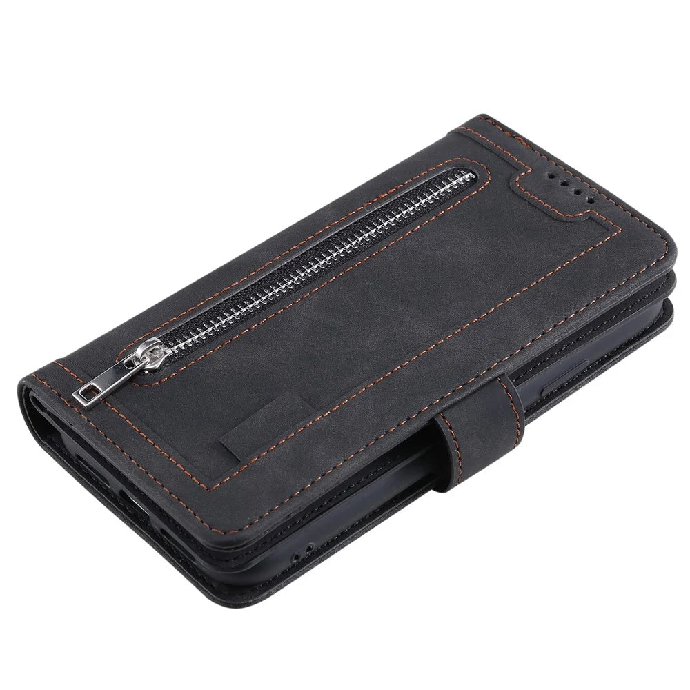 For Samsung Galaxy A05s 4G Cell Phone Case 9 Card Slots Phone Cover Zipper Leather Wallet - Black - 6