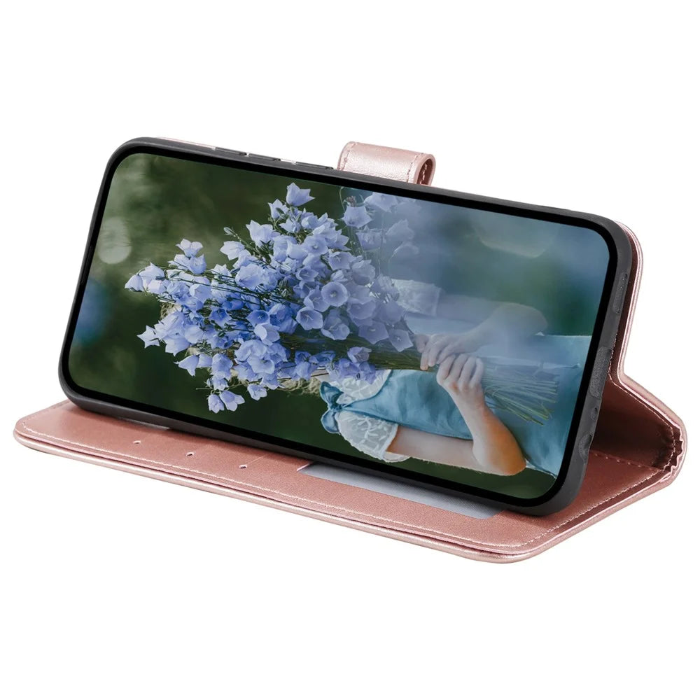 For Samsung Galaxy A15 4G Phone Case Stand Cover Wallet PU Leather Phone Shell with Strap - Rose Gold - 3