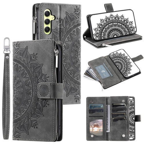 For Samsung Galaxy A15 4G Case Imprinted Flower Wallet PU Leather Stand Shell Phone Cover with Strap - Grey - 1
