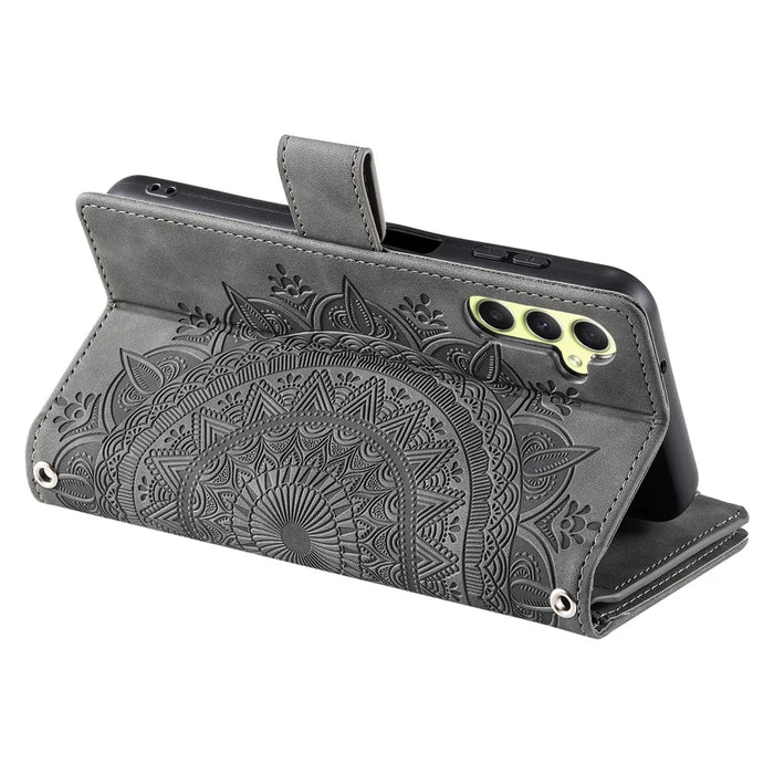 For Samsung Galaxy A15 4G Case Imprinted Flower Wallet PU Leather Stand Shell Phone Cover with Strap - Grey - 3