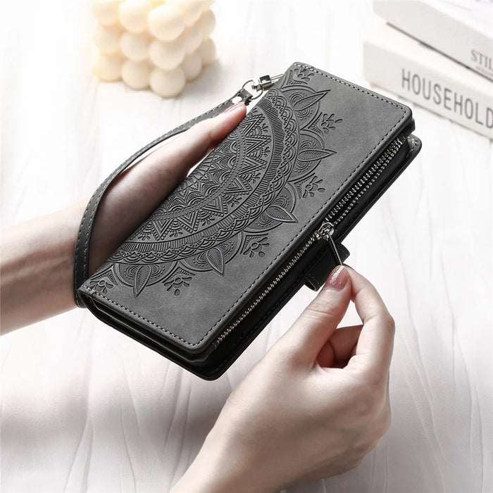 For Samsung Galaxy A15 4G Case Imprinted Flower Wallet PU Leather Stand Shell Phone Cover with Strap - Grey - 6