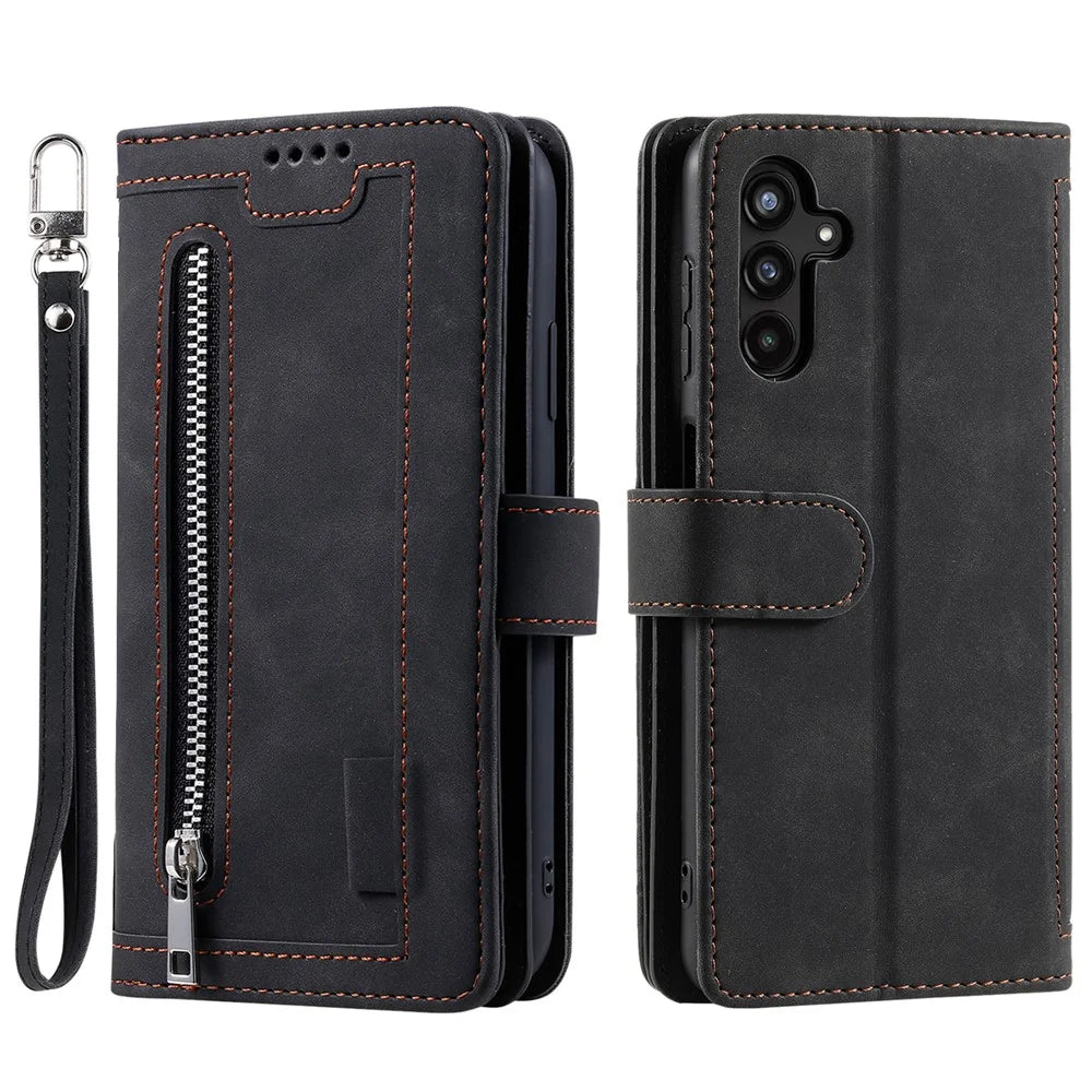 For Samsung Galaxy A15 4G Case Phone Cover Zipper Pocket PU Leather Shell Wallet with 9 Card Slots - Black - 1