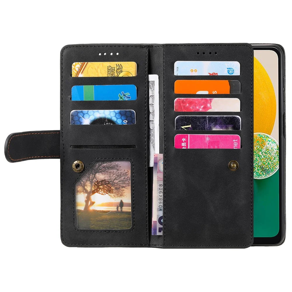 For Samsung Galaxy A15 4G Case Phone Cover Zipper Pocket PU Leather Shell Wallet with 9 Card Slots - Black - 2