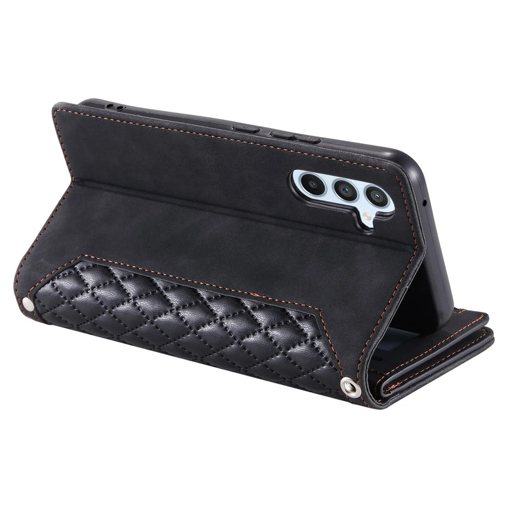 For Samsung Galaxy A15 4G Case PU Leather Zipper Wallet Phone Cover with Strap - Black - 5