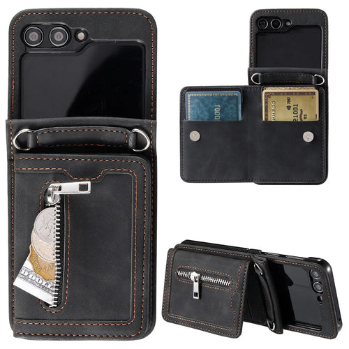 For Samsung Galaxy Z Flip5 5G Case Kickstand Card Holder Phone Leather Cover with Hand Strap - Black - 1