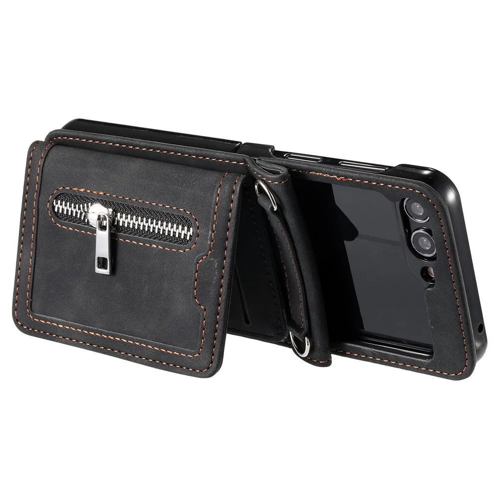 For Samsung Galaxy Z Flip5 5G Case Kickstand Card Holder Phone Leather Cover with Hand Strap - Black - 4