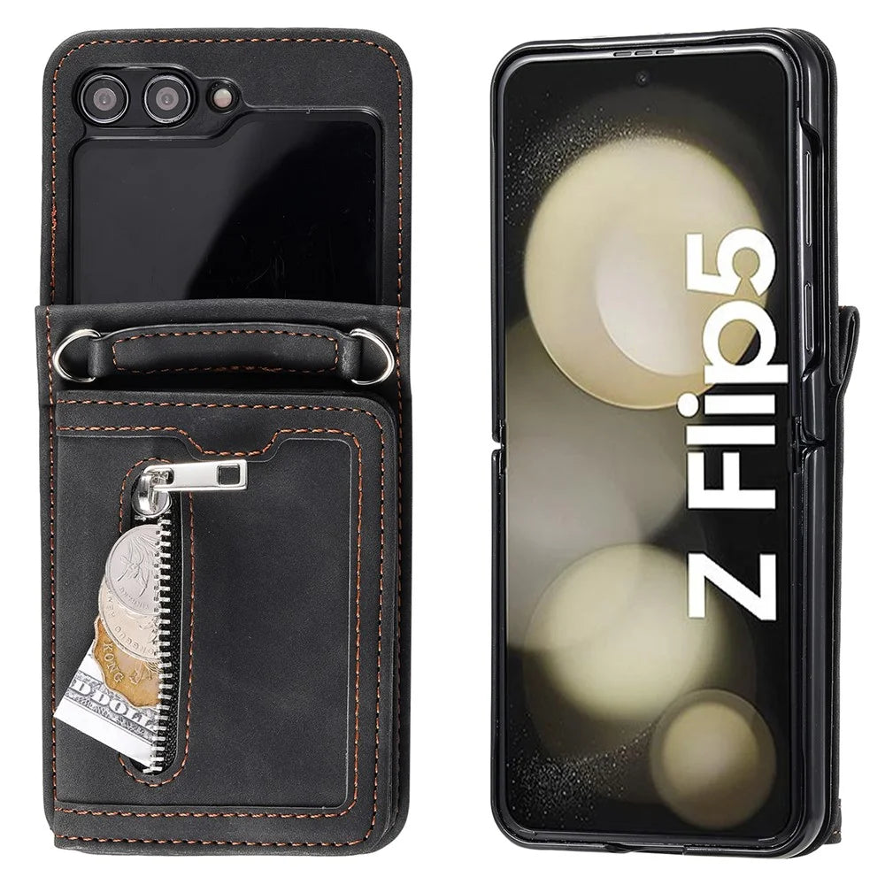 For Samsung Galaxy Z Flip5 5G Case Kickstand Card Holder Phone Leather Cover with Hand Strap - Black - 6