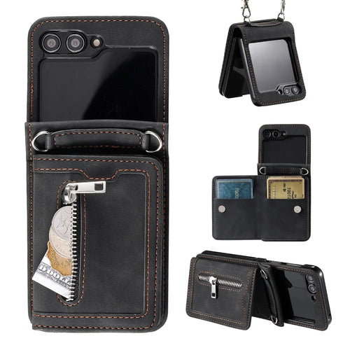 For Samsung Galaxy Z Flip5 5G Case Zipper Pocket Leather Cover with Hand Strap and Shoulder Strap - Black - 1