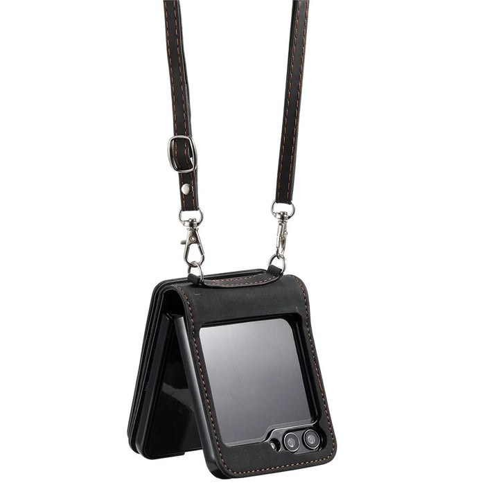 For Samsung Galaxy Z Flip5 5G Case Zipper Pocket Leather Cover with Hand Strap and Shoulder Strap - Black - 2