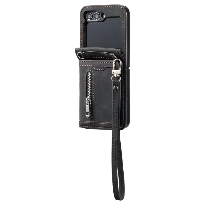 For Samsung Galaxy Z Flip5 5G Case Zipper Pocket Leather Cover with Hand Strap and Shoulder Strap - Black - 4