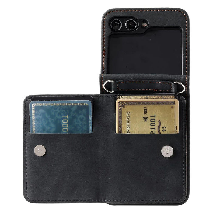 For Samsung Galaxy Z Flip5 5G Case Zipper Pocket Leather Cover with Hand Strap and Shoulder Strap - Black - 5