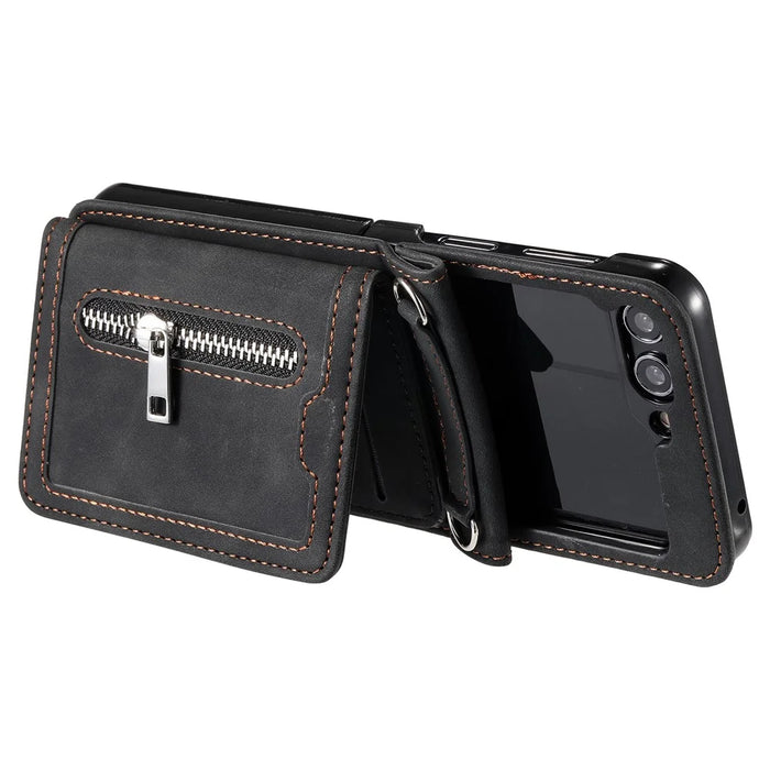 For Samsung Galaxy Z Flip5 5G Case Zipper Pocket Leather Cover with Hand Strap and Shoulder Strap - Black - 6