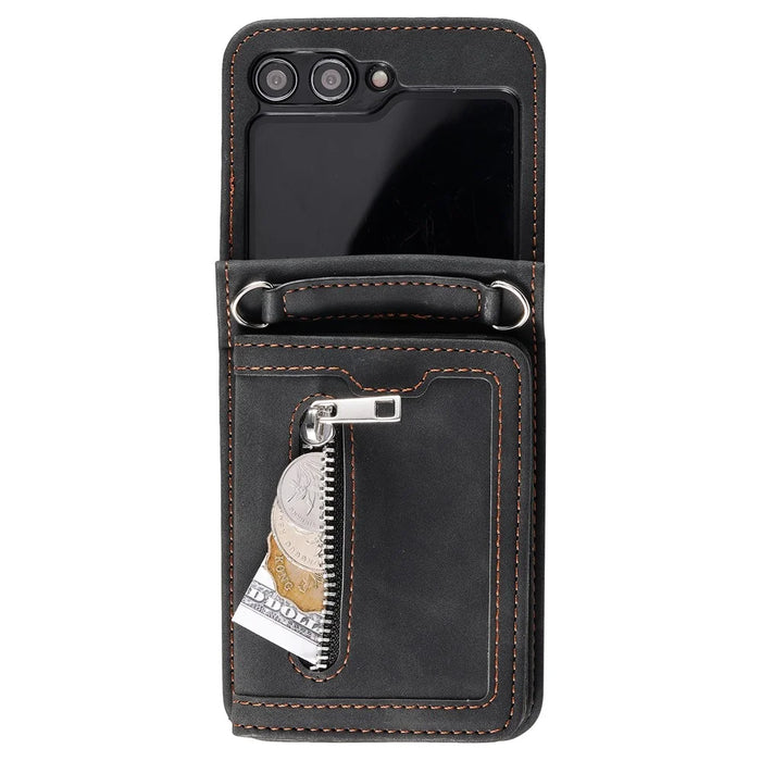 For Samsung Galaxy Z Flip5 5G Case Zipper Pocket Leather Cover with Hand Strap and Shoulder Strap - Black - 7