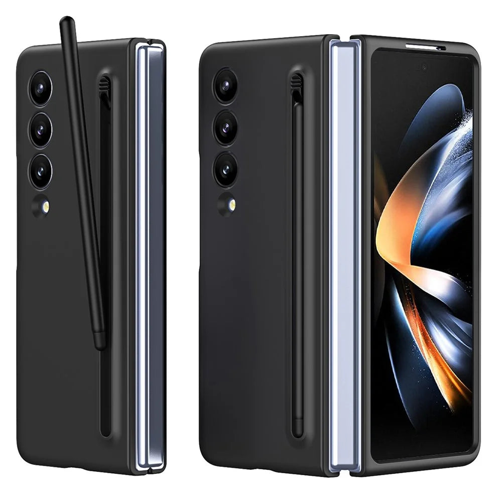 For Samsung Galaxy Z Fold3 5G Case Folding Phone Cover with Stylus Pen and Tempered Glass Screen Film - Black - 1
