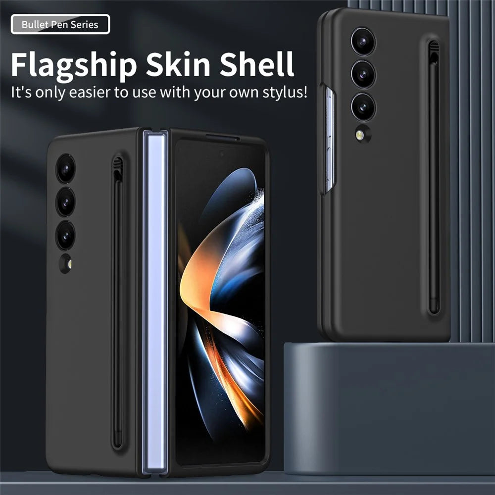 For Samsung Galaxy Z Fold3 5G Case Folding Phone Cover with Stylus Pen and Tempered Glass Screen Film - Black - 2