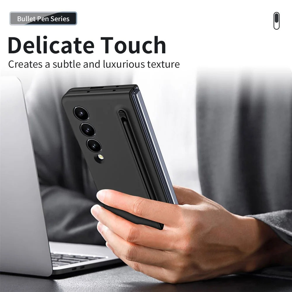 For Samsung Galaxy Z Fold3 5G Case Folding Phone Cover with Stylus Pen and Tempered Glass Screen Film - Black - 5