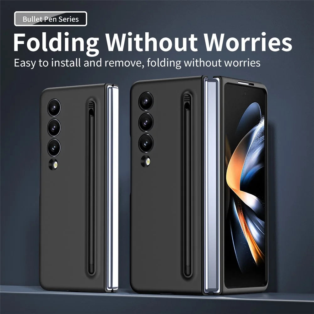 For Samsung Galaxy Z Fold3 5G Case Folding Phone Cover with Stylus Pen and Tempered Glass Screen Film - Black - 6