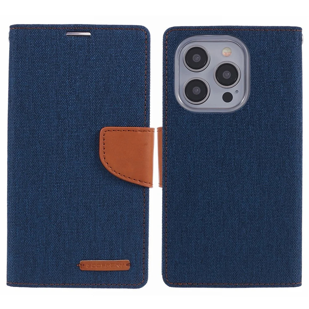 MERCURY GOOSPERY For iPhone 15 Pro Case Canvas Texture Cell Phone Leather Stand Cover - Dark Blue - 1
