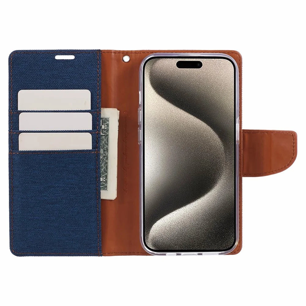 MERCURY GOOSPERY For iPhone 15 Pro Case Canvas Texture Cell Phone Leather Stand Cover - Dark Blue - 2