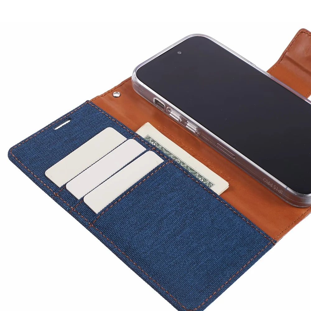 MERCURY GOOSPERY For iPhone 15 Pro Case Canvas Texture Cell Phone Leather Stand Cover - Dark Blue - 4