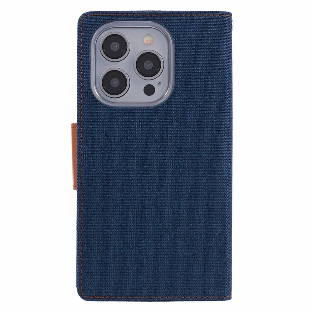MERCURY GOOSPERY For iPhone 15 Pro Case Canvas Texture Cell Phone Leather Stand Cover - Dark Blue - 6